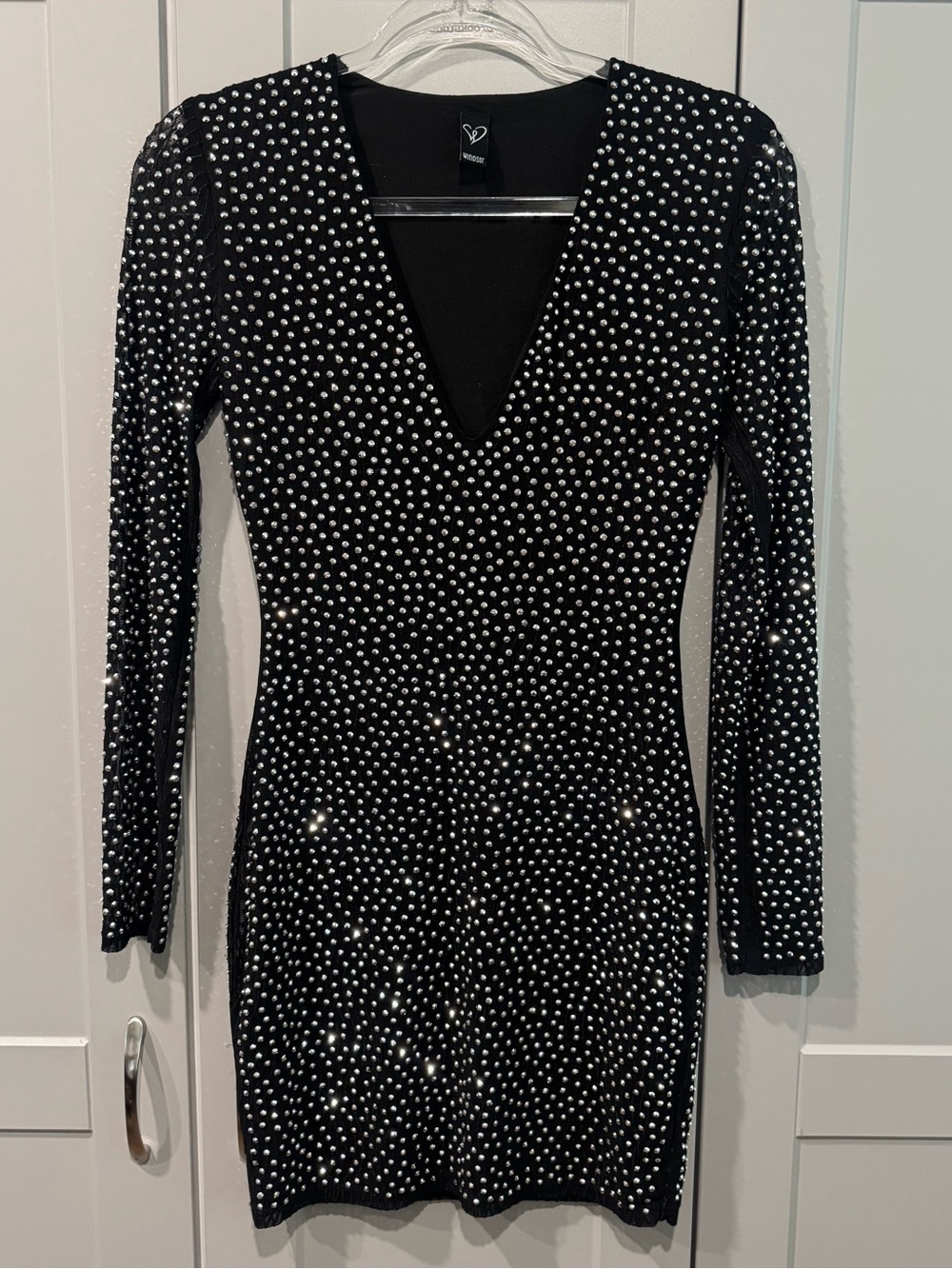 Windsor Black Crystal-Studded V-Neck Mini Dress